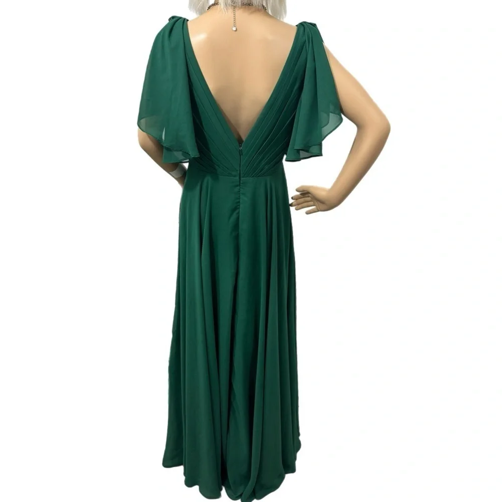 JJs HOUSE Green Goddess Chiffon Gown Split Ruffle Sleeve Dress V Neck Women Sz 6 - Picture 7 of 16